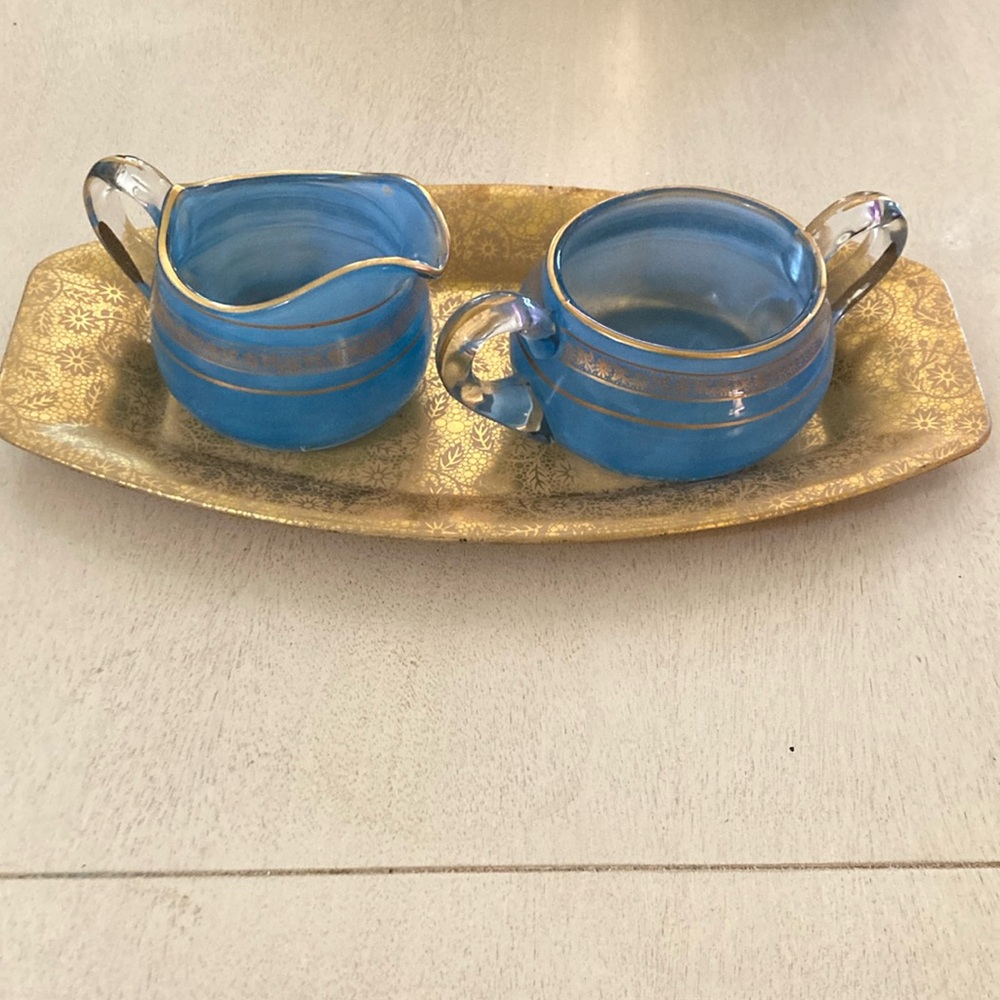 Vintage Blue and Gold Glass Creamer and Sugar Set